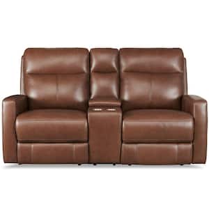 Vienna 73 in. Pecan Brown Solid Top Grain Leather 2-Seater Zero Gravity Reclining Loveseat with Console