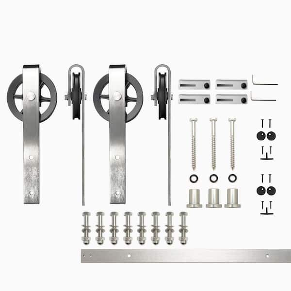 HOMACER 4 ft./48 in. Brushed Nickel Non-Bypass Sliding Barn Door Hardware Kit Spoke Wheel Design Roller for Double Doors