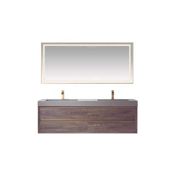 ROSWELL 72 in. W x 20 in. D x 24 in. H Double Sink Bath Vanity in N.Carolina Oak with Gray Composite Stone Top and Mirror