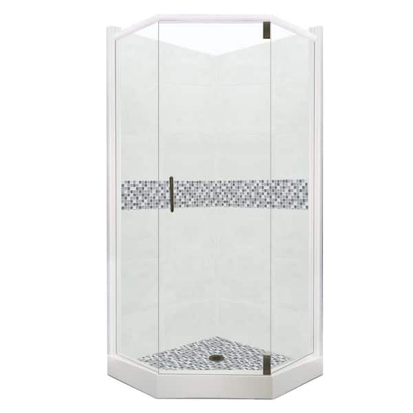 American Bath Factory Del Mar Grand Hinged 42 in. x 48 in. x 80 in. Right-Cut Neo-Angle Shower Kit in Natural Buff and Black Pipe Hardware