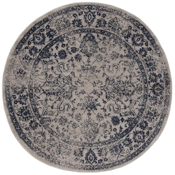 SAFAVIEH Adirondack Gray/Navy 4 ft. x 4 ft. Border Distressed Round Area Rug