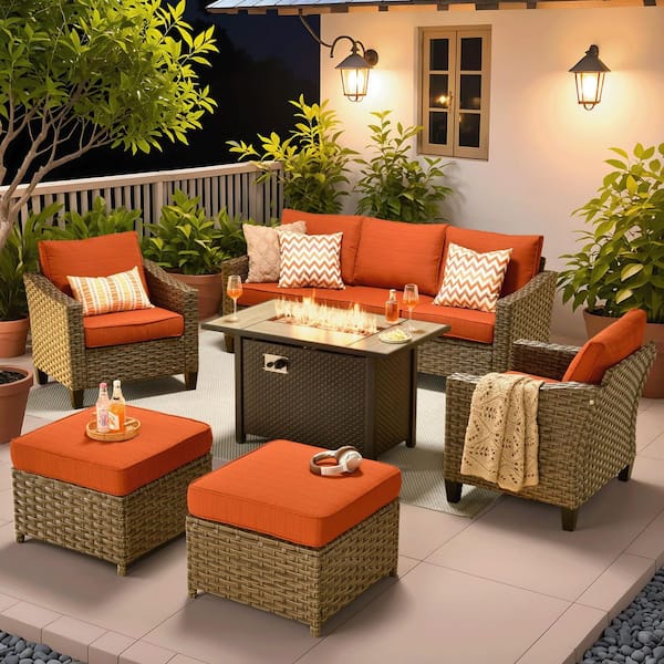 Rosy 6-Piece Wicker 5-Seat Outdoor Fire Pit Furniture Patio Conversation Sofa Seating Set with Orange Red Cushions