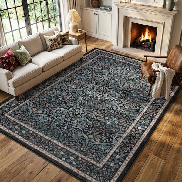 Boho Floral Botanical Washable Non Slip Black 8 ft. x 10 ft. Area Rug