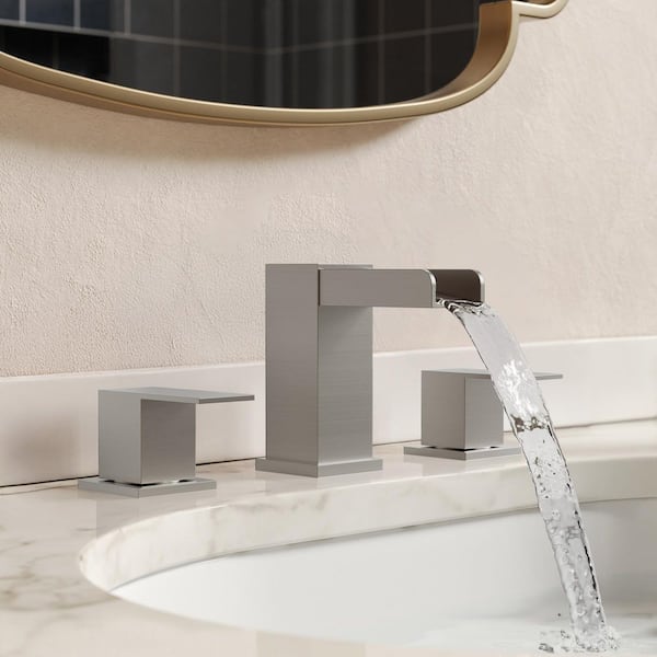 LED Mid Arc 8 in. Widespread Double Handle Bathroom Faucet in Brushed Nickel Drain Included