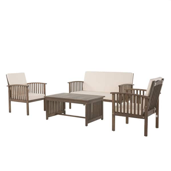 Unbranded 4-Piece Gray Acacia Solid Wood Patio Conversation Set with Beige Cushions and Coffee Table