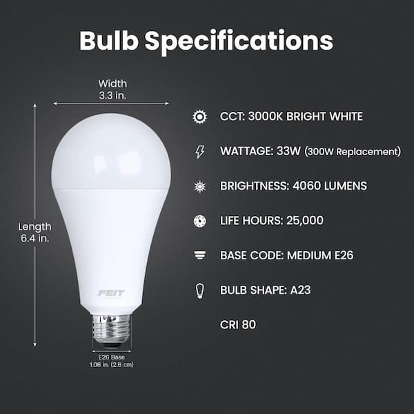 300-Watt Equivalent A23 Non-Dimmable High Brightness Frosted E26 Medium Base LED Light Bulb Bright White 3000K (1-Pack)