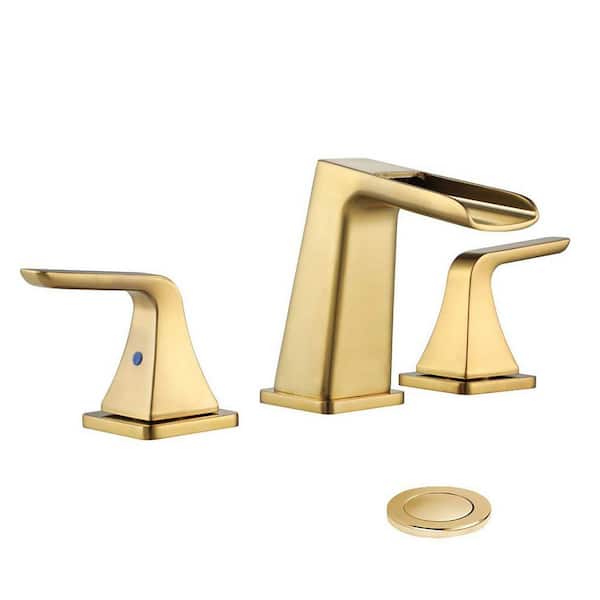 Miscool Laima Waterfall 8 in. Widespread 2-Handle Low Arc Bathroom Sink Faucet with Pop-Up Drain Assembly in Brushed Gold
