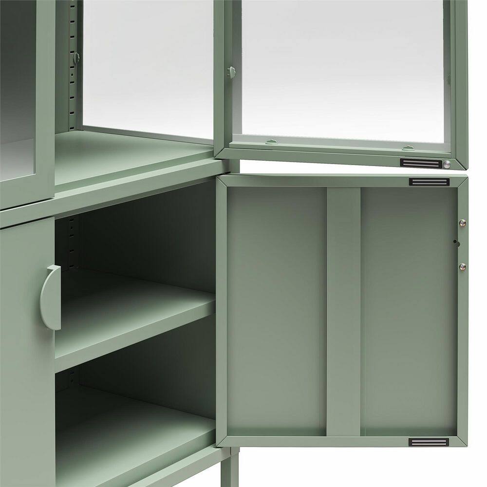 Pale Green Tall Metal Display Cabinet with Arched Glass Doors