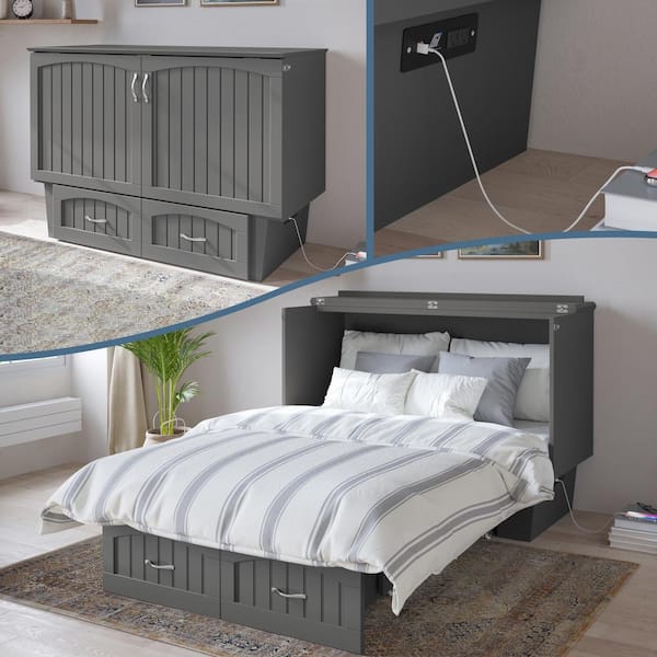 AFI Nantucket Gray Solid Wood Full Size Frame Murphy Bed Chest with Memory Foam Mattress USB Charger and Storage Drawer