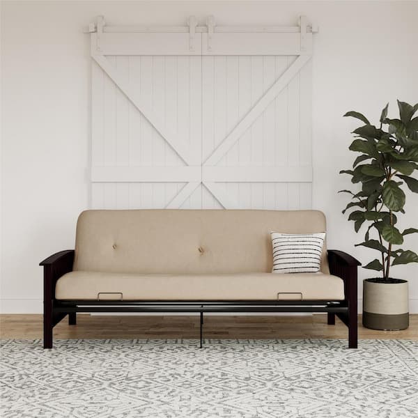 Unbranded Darrien 6 in. Beige Full Wood Arm Futon Frame with Thermobonded High Density Polyester Fill Mattress