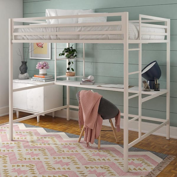 Maxwell Metal Full Loft Bed with Desk and Shelves, White/ White