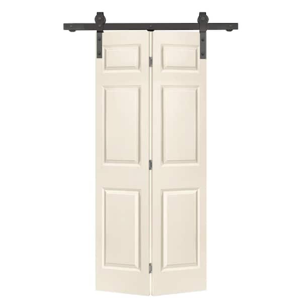CALHOME 24 in. x 80 in. 6 Panel Beige Painted MDF Composite Bi-Fold Barn Door with Sliding Hardware Kit