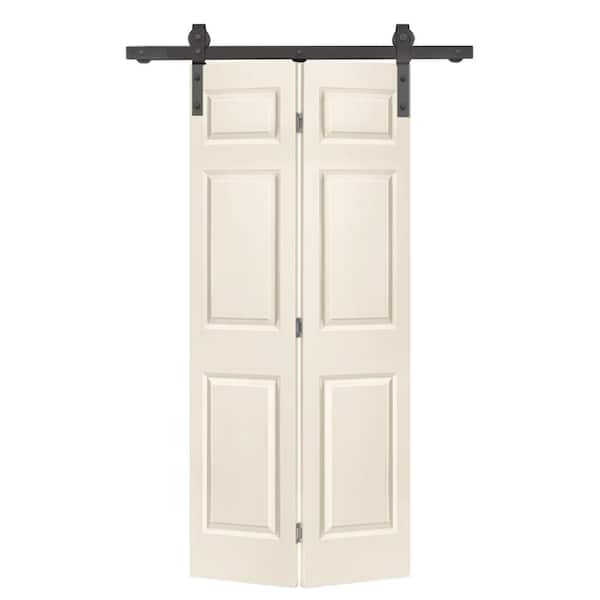 30 in. x 84 in. 6-Panel Beige Painted MDF Hollow Core Composite Bi-Fold Barn Door with Sliding Hardware Kit