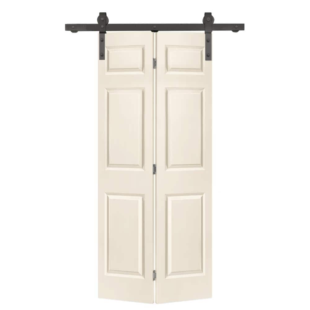 CALHOME 36 in. x 84 in. 6 Panel Hollow Core Beige Painted MDF Composite Bi-Fold Barn Door with Sliding Hardware Kit