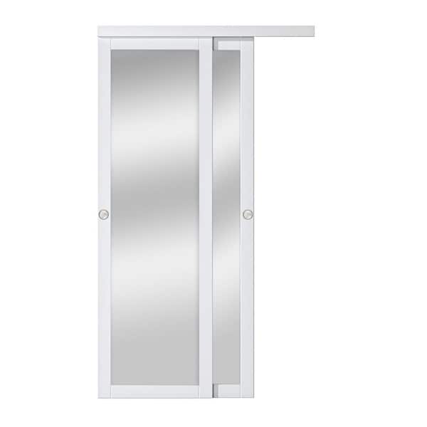 48 in. x 80 in. 1-Lite Mirror Glass White Finished MDF Interior Closet Sliding Door with Hardware and Handles