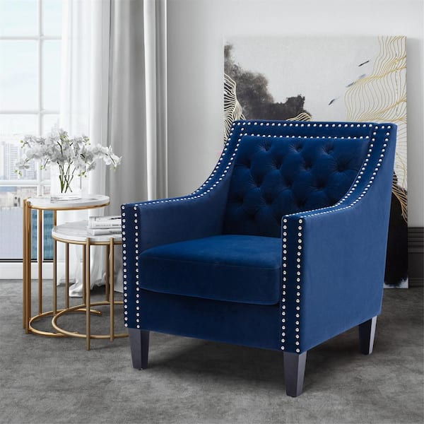 navy tufted accent chair with nailhead trim