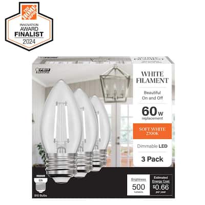 Feit Electric 60-Watt Equivalent B10 E26 Base Dim White Filament Clear Glass Chandelier LED Light Bulb Soft White 2700K (3-Pack)
