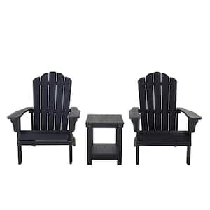 Black HIPS All-Weather Plastic Wood Outdoor Adirondack Chairs Set of 2 with a Small Side End Table for Garden Lawns