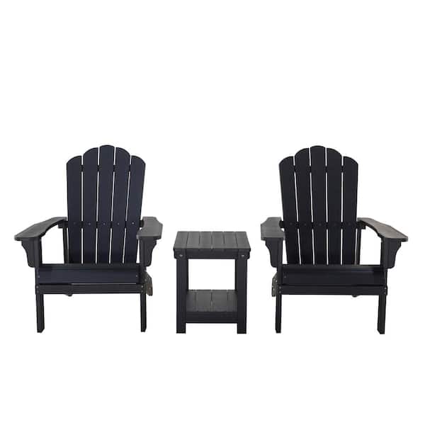 Zeus & Ruta Black HIPS All-Weather Plastic Wood Outdoor Adirondack Chairs Set of 2 with a Small Side End Table for Garden Lawns