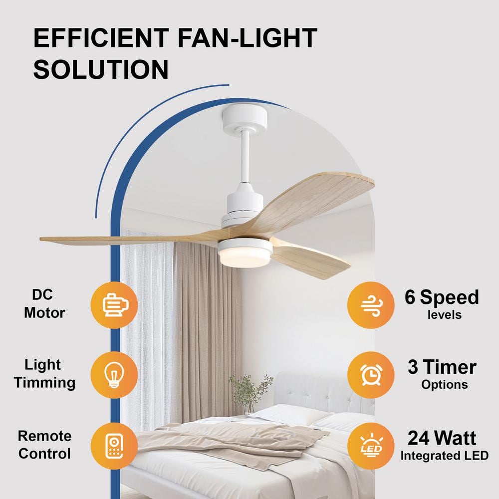 52-Inch White and Natural Wood Ceiling Fan with LED Light and Remote