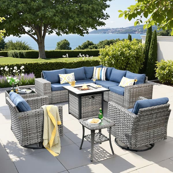 Crater Grey 10-Piece Wicker Outdoor Patio Fire Pit Conversation Sofa Set with Swivel Chairs and Denim Blue Cushions