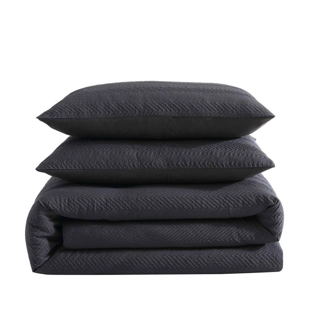 Black Microfiber Twin Duvet Cover Set with Gathered Embellishment