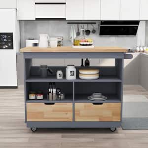 Blue Rolling Kitchen Island with Wood Top, Kitchen Cart with Wheels, 2-Drawers and 3 Open Shelves
