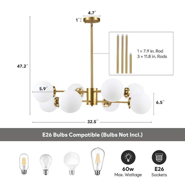Merra 8-Light Antique Brass Sputnik Style Chandelier with White