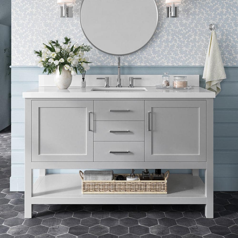 Bayhill 55 in. W x 22 in. D x 36 in. H Bath Vanity in Grey with Pure Pure White Quartz Top -  ARIEL, R055SWQRVOGRY