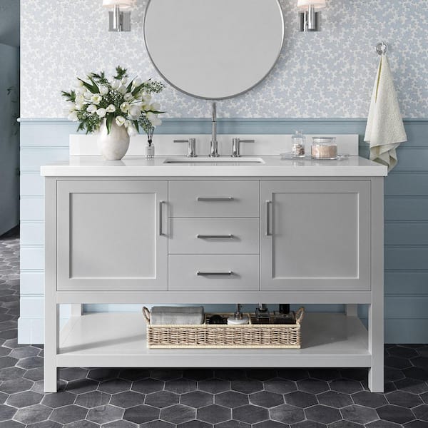 ARIEL Bayhill 55 in. W x 22 in. D x 36 in. H Bath Vanity in Grey with Pure Pure White Quartz Top