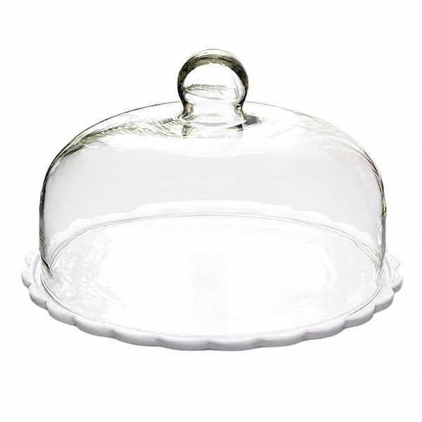 9 Inch Ceramic Cake Stand with Clear Glass Dome Lid, Dessert Server and Food Serving Tray for Parties