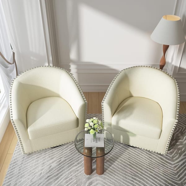 Uixe White Linen Metal Base Upholstered 360° Swivel Accent Barrel Chair With Nailhead Trim(Set of 2)