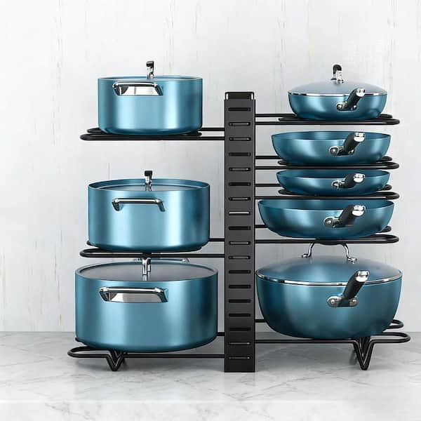8-Tier Adjustable Pots and Pans Organizer with Expandable Height for Cabinet Kitchen Organization and Storage (1-Pack)