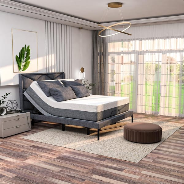 Renanim Adjustable Gray Bed Frame Twin XL USB, Under Bed Light, Hybrid Foam Mattress, App Control, Platform Bed 14 in. Mattress