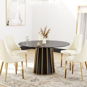 53.15 in. Black Sintered Stone Round Tabletop Black Pedestal Base Kitchen Dining Table (Seats 6)