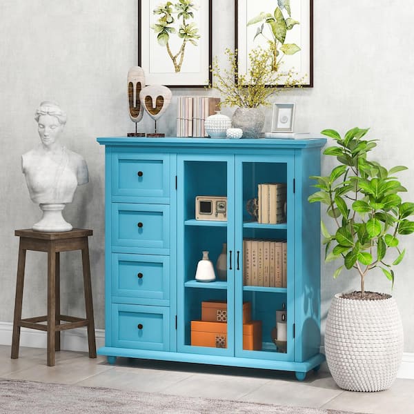 Costway Blue Wooden 36 in. Buffet Sideboard Table Kitchen Costway Blue Wooden 36 in. Buffet Sideboard Table Kitchen