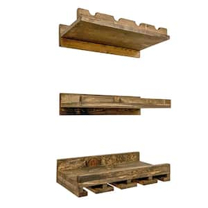 Rustic Luxe 4-Bottle Dark Brown Pine Wood Three Piece Set Wall Mounted Wine Rack