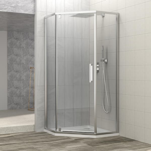 Unbranded 34 in. W x 72 in. H Neo-Angle Pivot Semi Frameless Corner Shower Enclosure in Chrome Finish