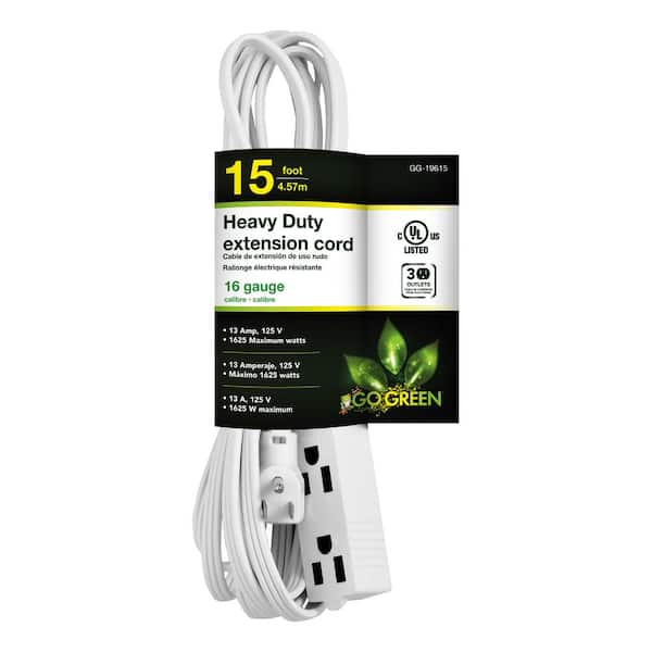 GoGreen Power 15 ft. 16/3 SPT-2, 3 Outlet Extension Cord - White