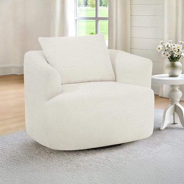 Beige Chenille Fabric Upholstered 360° Swivel Accent Chair Metal Base Swivel Barrel Chair with Pillow
