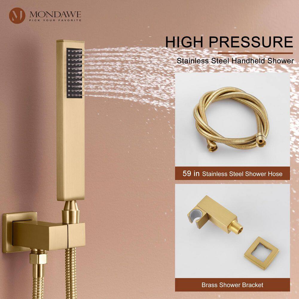 Brushed Gold Dual Square Wall Mounted Shower System with Body Jets