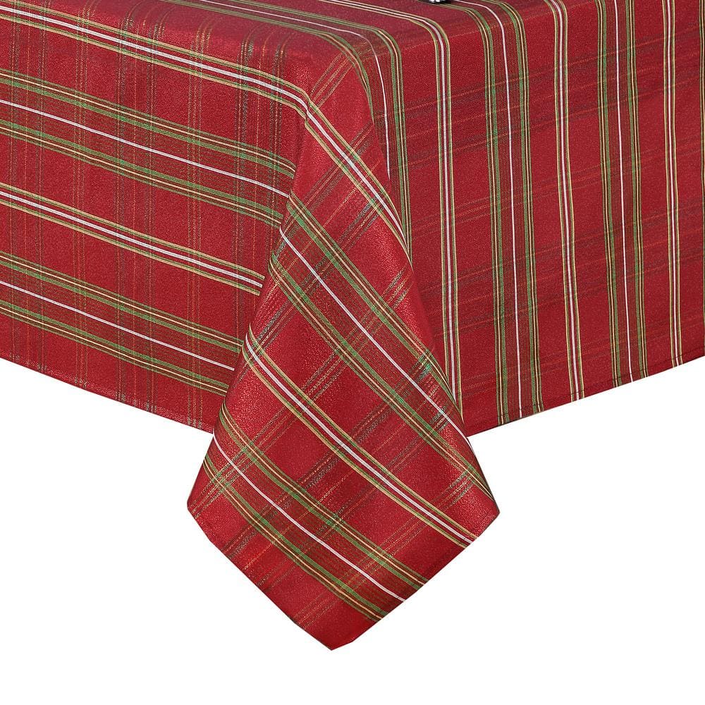 Red and Green Shimmering Plaid Holiday Fabric Tablecloth, 60" x 84"