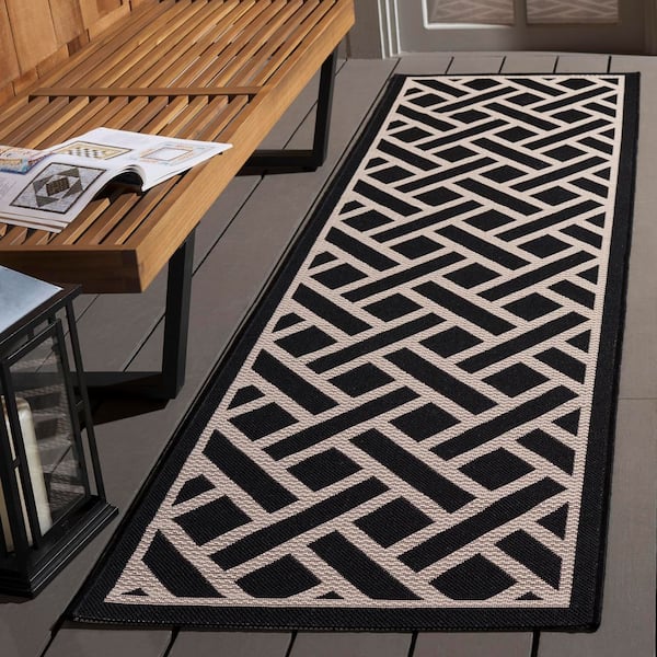 Courtyard Black/Light Beige 2 ft. x 8 ft. Geometric Lattice Indoor/Outdoor Runner Rug