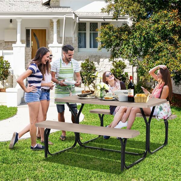 Gymax Metal Picnic Table Camping Picnic Bench Set Backyard Garden