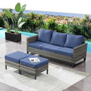 Valenta Gray 3-Piece Wicker Outdoor Couch with Blue Cushions