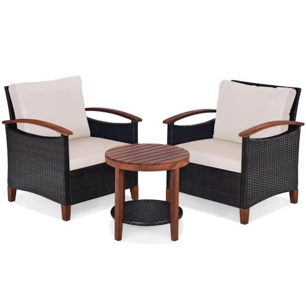 Clihome 3-Piece Wicker Patio Conversation Set Sofa Set with Beige Washable Cushions and Acacia Wood Tabletop