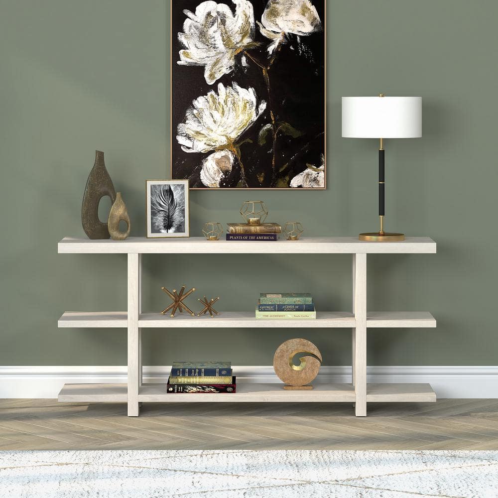 Alder White 64" Rectangular Console Table with Storage Shelves