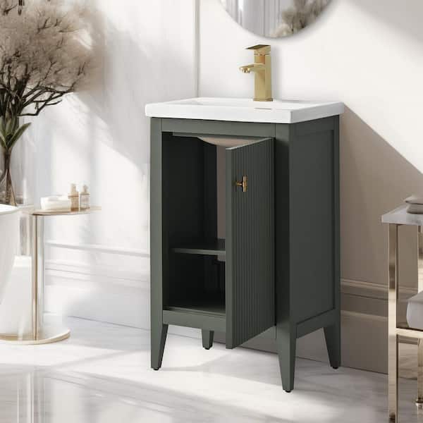 20 in. W x 15.7 in D x 34 in. H Single Sink Bath Vanity Cabinet in Linear Vintage Green with White Ceramic Top