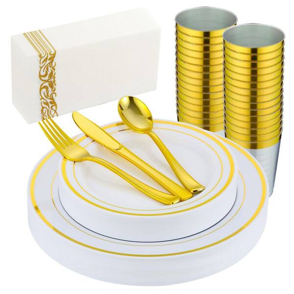 175-Piece Gold Plastic Dinnerware Set Service for 25, Gold Rimmed White Heavy Duty Disposable Plates for Party Wedding