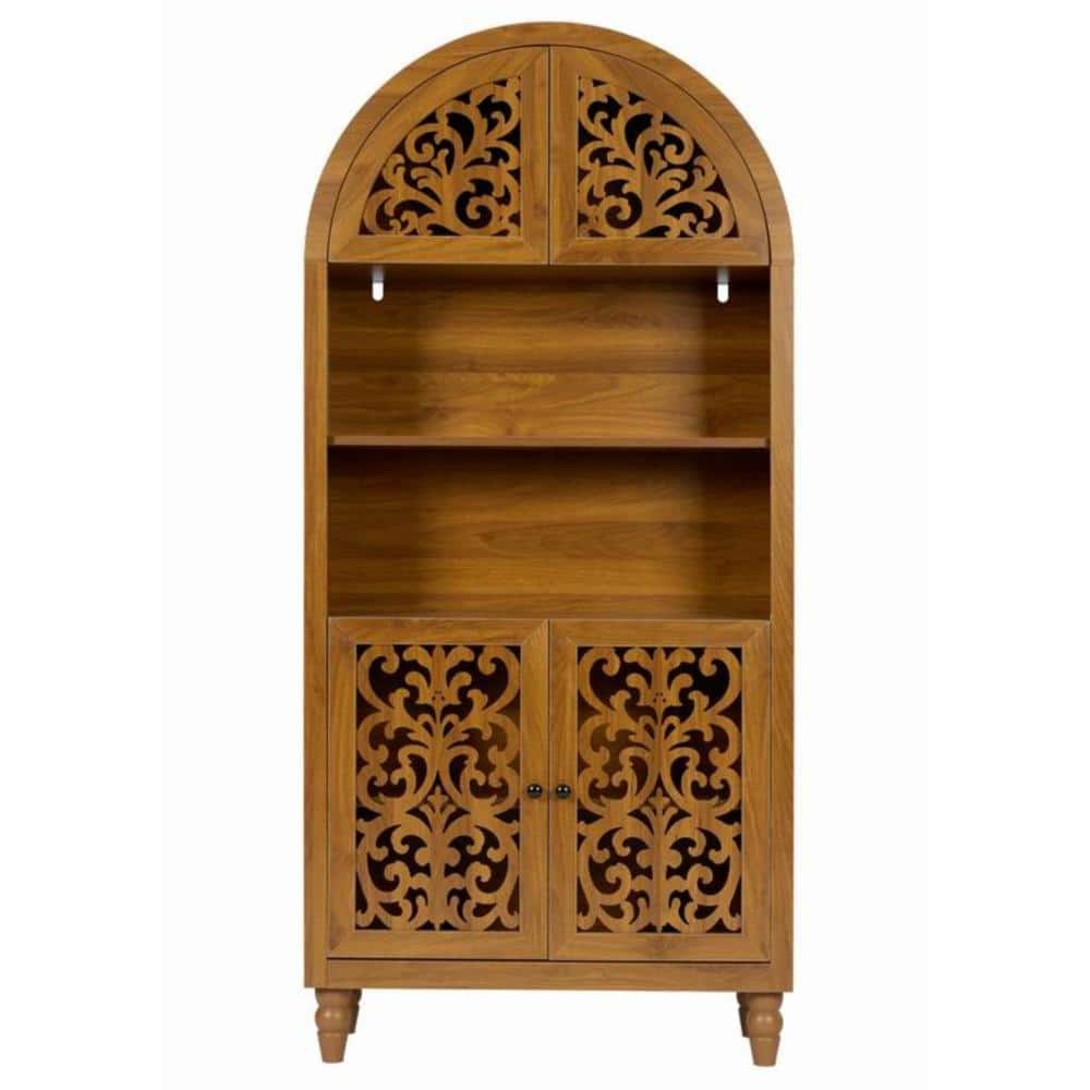 AP-Studio Vintage 67 in. Brown Wood 5-Tier Hand-Carved Arched Accent Bookcase with Open Storage & 4 Doors